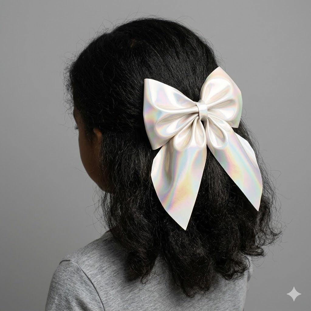Iridescent white Hair Bow, Big size Bow, white hair bow
