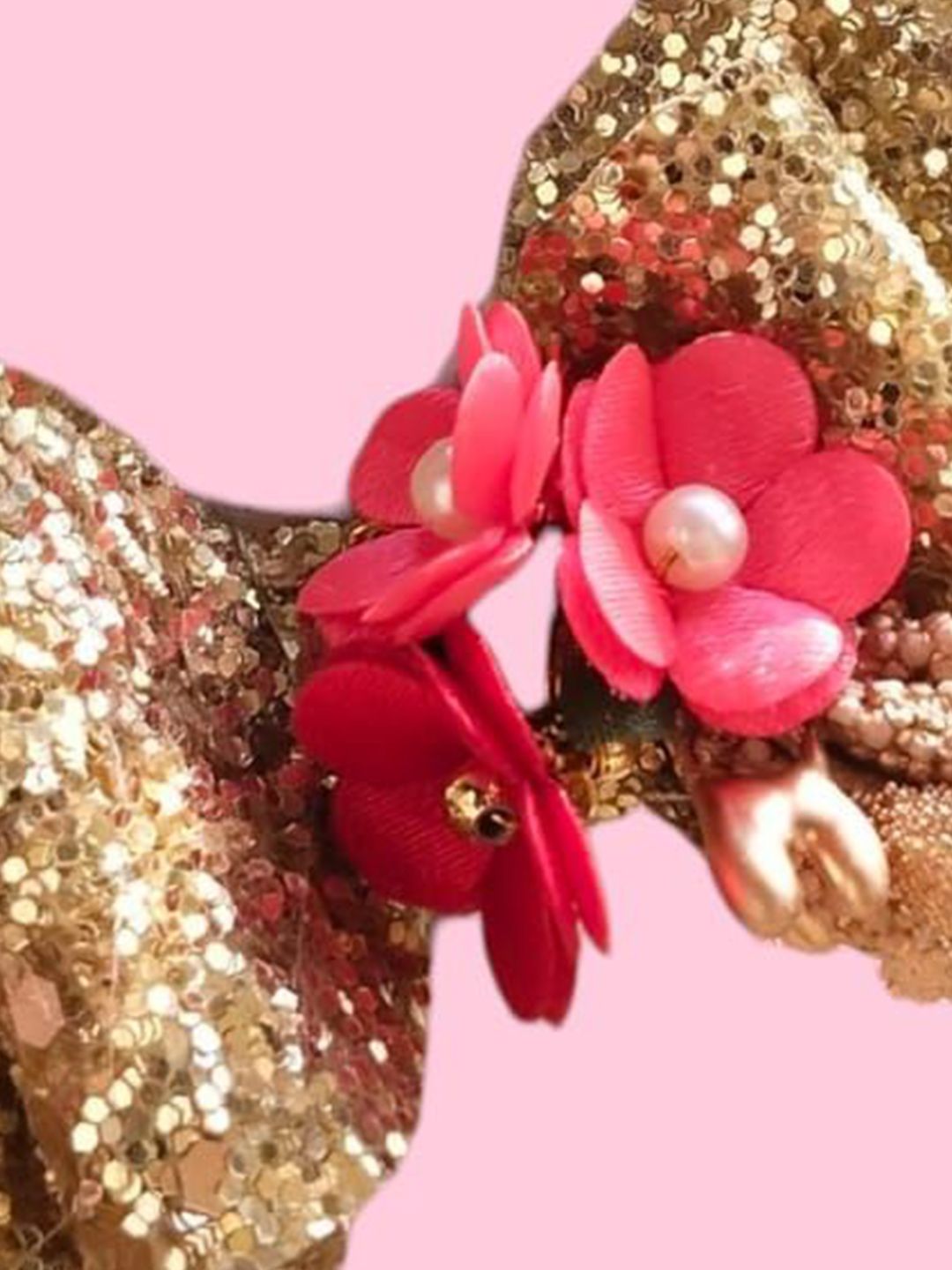 Glitter Hair Bow with Red Floral Accent