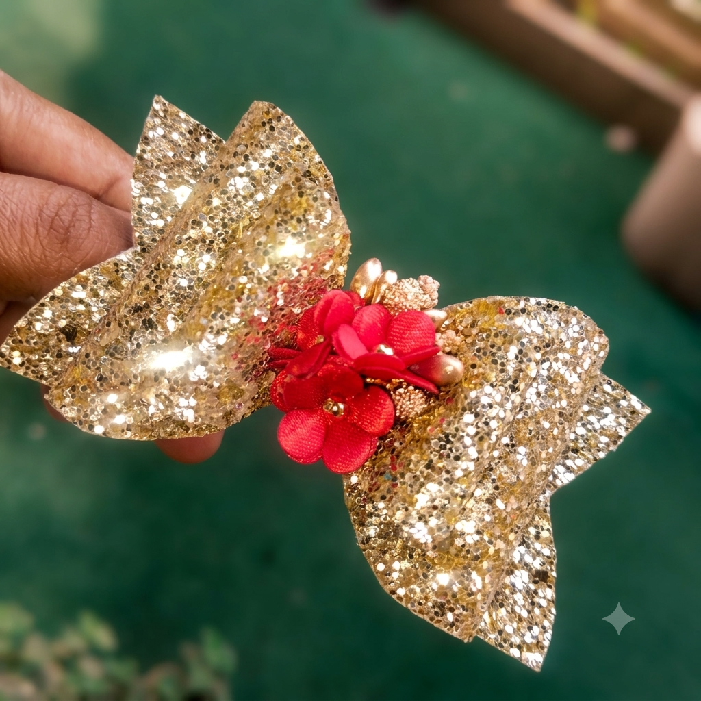 Glitter Hair Bow with Red Floral Accent