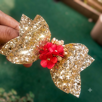 Glitter Hair Bow with Red Floral Accent