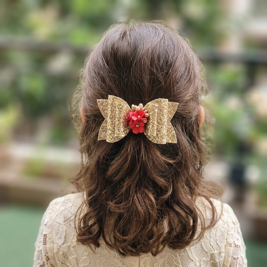 Glitter Hair Bow with Red Floral Accent