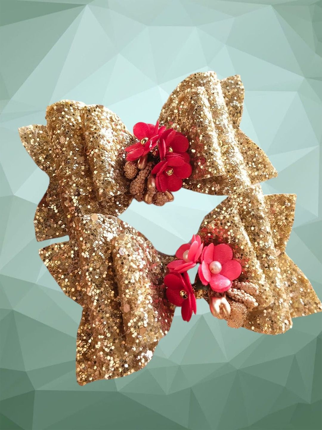 Glitter Hair Bow with Red Floral Accent