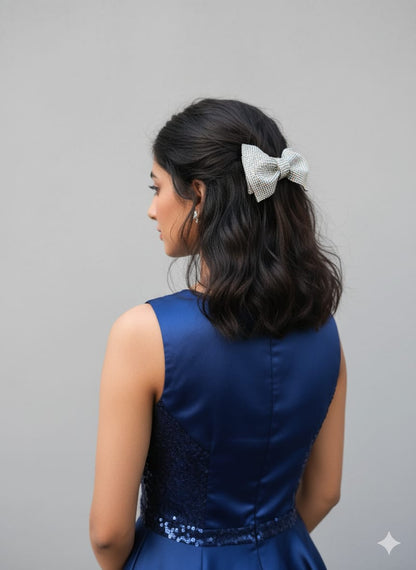 Princess Party Bow,Rhinestone studded bow with barrette clips to hold