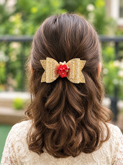 Glitter Hair Bow with Red Floral Accent