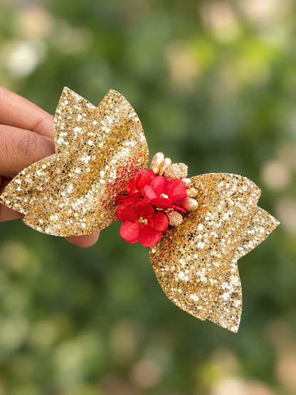 Glitter Hair Bow with Red Floral Accent